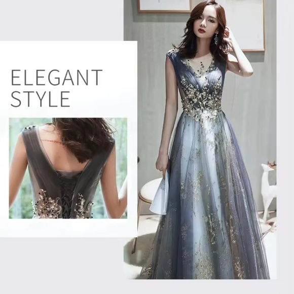 Blue, V Neck, Case Up, Ball Gown - Picture 9 of 16